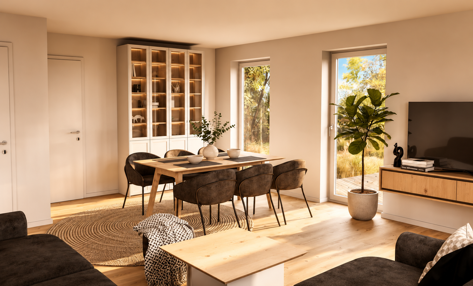Wohnzimmer mit Vitrine, Esstisch und Lowboard